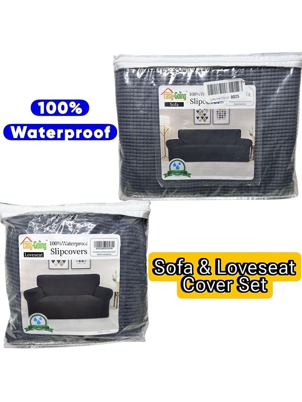 Easy-Going 100% Waterproof Couch Cover Set – Sofa & Loveseat in Dark Gray